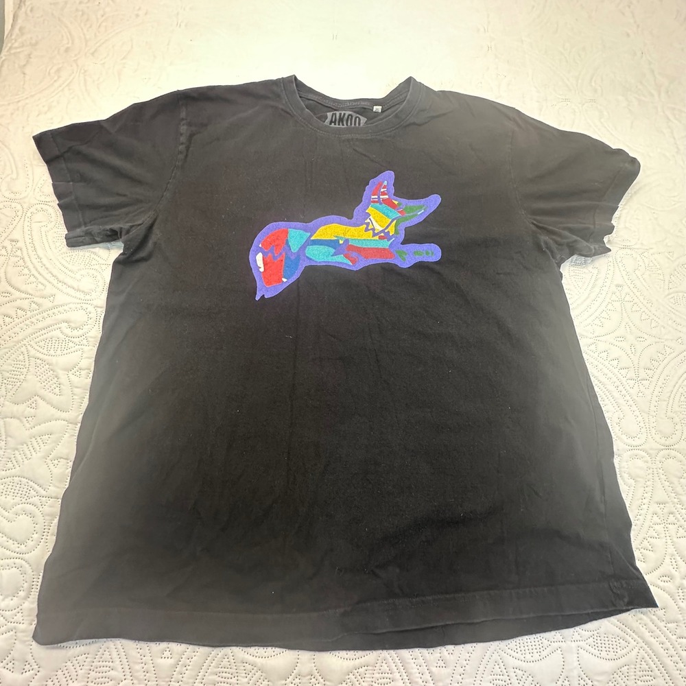 AKOO Mens 2XL Black Short Sleeve Graphic Tee Multi-Color Fox Patch Streetwear